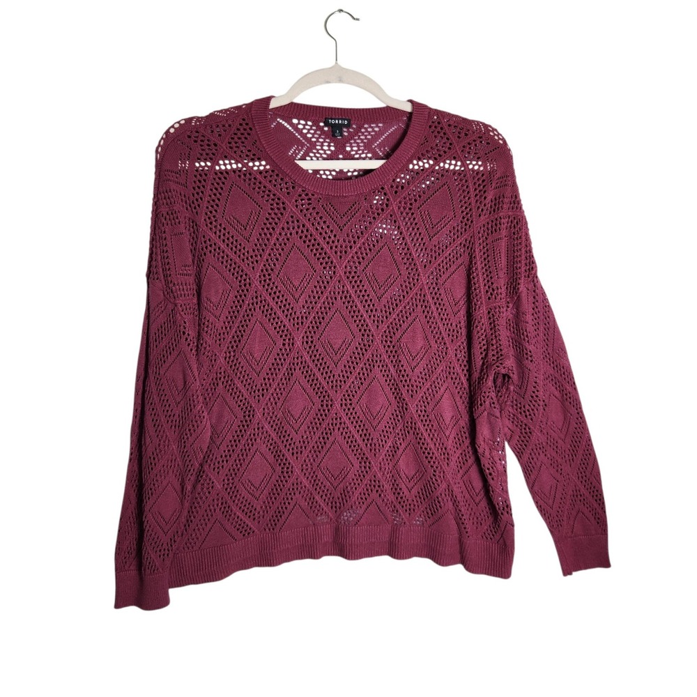 Torrid Plus Size 3 Burgundy Pointelle Diamond Knit Crewneck Sweater Pullover